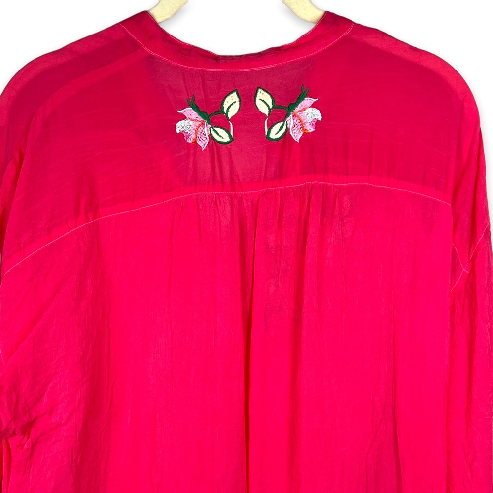 JOHNNY WAS Pink Embroidered Floral Boho Tunic Top Button Up Size Medium - Picture 8 of 12